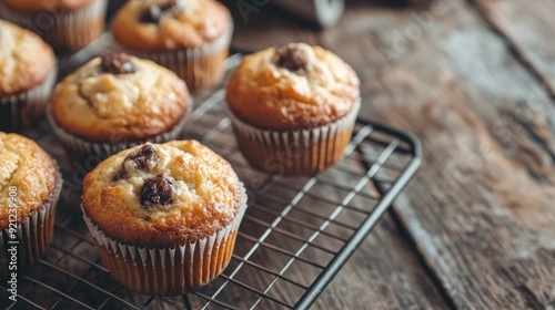 Warm, freshly baked muffins resting on a cooling rack, with ample space for text or copy around them.