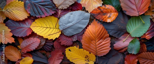 Colorful Autumn Leaves Arranged on Dark Background in Natural Display