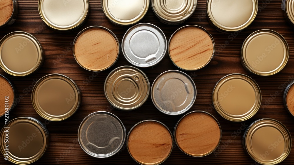 Many closed tin cans on brown table, flat lay. Neural network ai generated art Many closed tin cans on brown table, flat lay. Neural network ai generated art