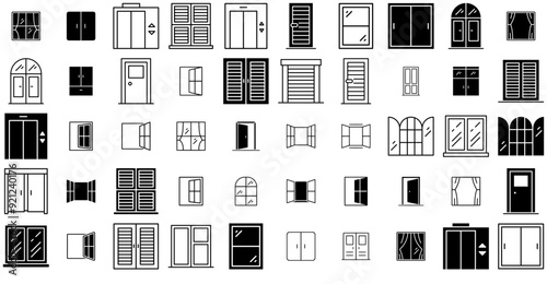 Mega Set Of Vector Door And Window Icons Collection Isolated Silhouette Solid Icons Including House,Open,Door,Window,Frame Outline Icons Collection. Simple Vector Illustration