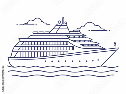 continuous single line drawing of large cruise ship on ocean, line art vector illustration
