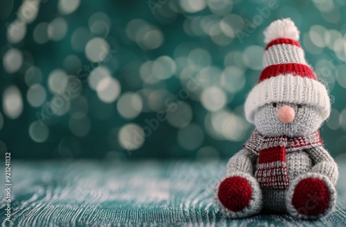 Festive Knit Snowman Ornament on Soft Green Background With Bokeh Lights
