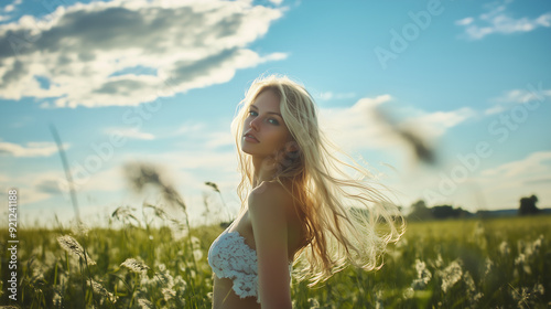 young woman dances gracefully in a field at sunset, her silhouette illuminated by the golden light, creating a serene and magical scene photo