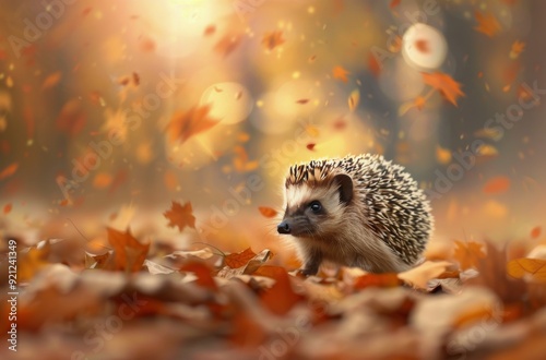 Hedgehog in Autumn Leaves With Falling Leaves in a Forest Setting