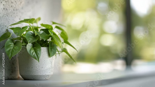 Green Potted Plant on Gray Surface by a Bright Window in Afternoon Light