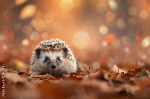 Hedgehog in Autumn Leaves With Falling Leaves in a Forest Setting