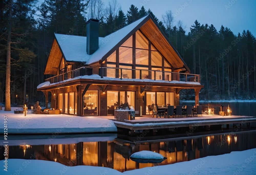 Fototapeta premium Discover a Charming Winter Cabin Situated by the Tranquil Lake, Perfect for Retreats