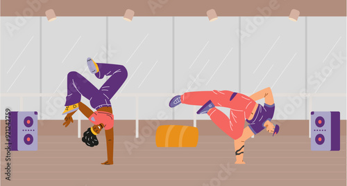 Vector illustrations depicting breakdancing dancers in dynamic poses, demonstrating modern urban dancing and acrobatic movements.