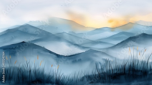 mountain sunset background hazy morning foggy illustration range mountains young drawing sketches blue color springtime photo