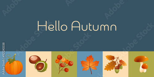 Hello Autumn - Schriftzug in englischer Sprache - Hallo Herbst. Karte mit Kürbis, Beeren, Kastanien, Eicheln, Ahornblatt und Pilzen.