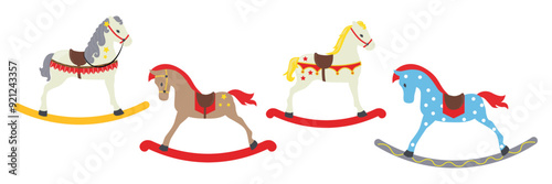 Set of cute vintage rocking horses for kids in cartoon style. Vector illustration of wooden rocking horses with harness and saddle, various patterns: stars, circles, isolated on white background.