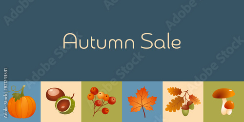 Autumn Sale - Schriftzug in englischer Sprache - Herbstschlussverkauf. Karte mit Kürbis, Beeren, Kastanien, Eicheln, Ahornblatt und Pilzen.
