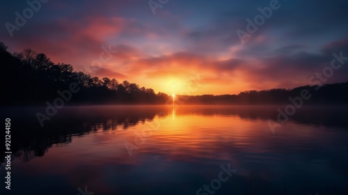 Serene Sunrise Over Calm Lake With Mist and Colorful Sky