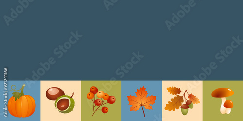 Karte mit Kürbis, Beeren, Kastanien, Eicheln, Ahornblatt und Pilzen. Freier Platz für Text. Vorlage für Einladungen, Grußkarten, Social Media Posts und Werbung.