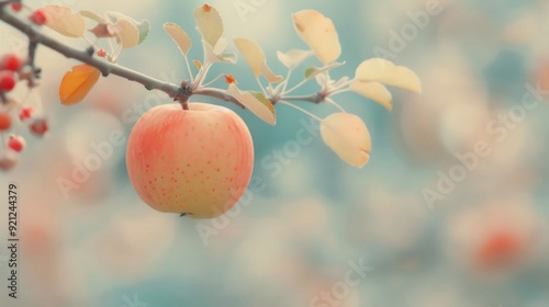 Fresh Red Apple Hanging on Tree Branch With Raindrops in Orchard
