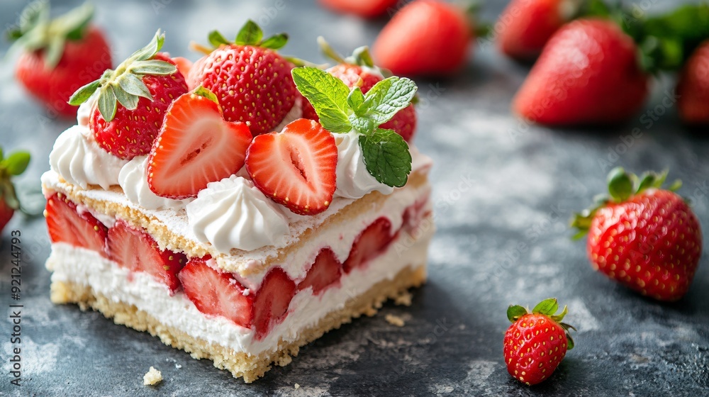 A bright pink strawberry shortcake, with layers of whipped cream and fresh strawberries, resting on a cool concrete background A bright pink strawberry shortcake, with layers of whipped cream and fresh strawberries, resting on a cool concrete background