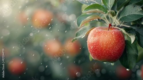 Fresh Red Apple Hanging on Tree Branch With Raindrops in Orchard