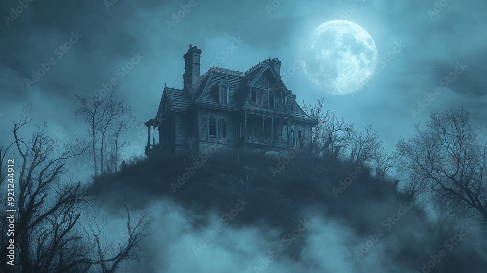 Old, abandoned Victorian-style haunted house with broken windows, overgrown ivy Old, abandoned Victorian-style haunted house with broken windows, overgrown ivy