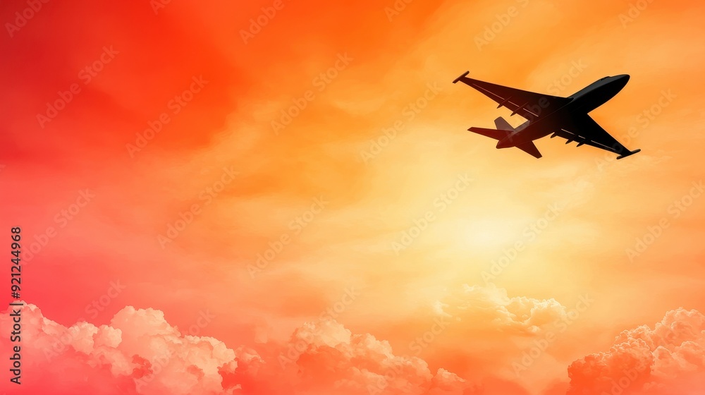 Silhouette of an airplane flying against a vibrant sunset sky, creating a stunning travel and aviation backdrop. Silhouette of an airplane flying against a vibrant sunset sky, creating a stunning travel and aviation backdrop.
