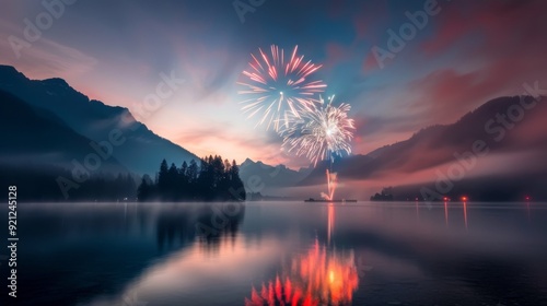 Serene Sunrise Over Calm Lake With Mist and Colorful Sky
