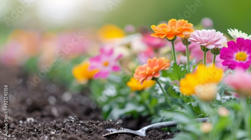 Gardening in Springtime With Colorful Flowers and Soil Preparation