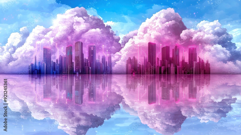 Fototapeta premium Dreamy city skyline reflected in a serene water body under colorful clouds, evoking a sense of wonder and tranquility.