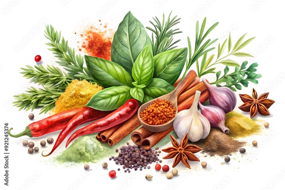 Fresh herbs, vegetables and spices isolated on white

