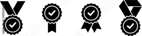 Approval vector icon. Approved stamp or medal. Certificate symbols isolated on white background. Set premium quality badges with ribbons. Vector illustration.