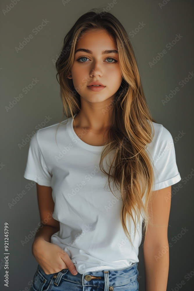 Fototapeta premium woman long hair wearing white shirt jeans perfect face symmetry alluring eyes blond inspiring teenage girl cute top modern profile