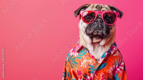 Pug paradise: portrait of adorable pug in stylish pink sunglasses and hawaiian shirt, isolated on vibrant pink background with copy space, travel illustration concept