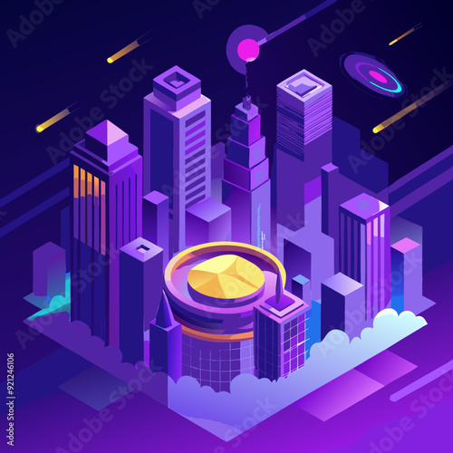 A futuristic cityscape with bright and flying art vector