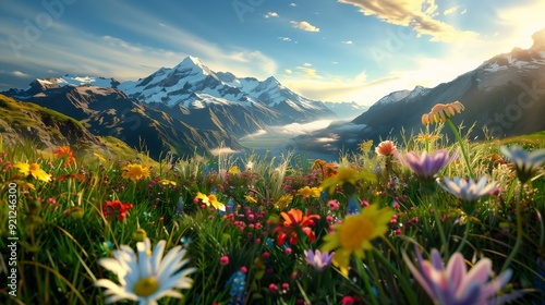 Wallpaper Mural flowers field mountains background alaska bright volumetric sunlight inspiring panoramic springtime vibrancy time climb mountain path dreamland splashes color new heaven earth Torontodigital.ca