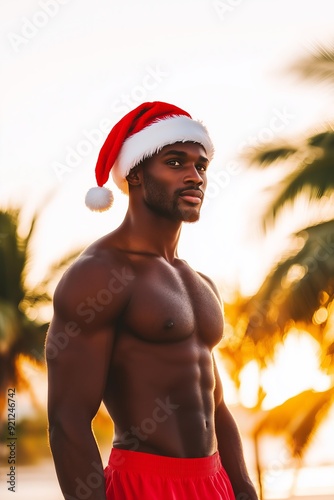 handsome young black man wearing santas hat and red swimshorts with exotic beach and palm trees in the background photo