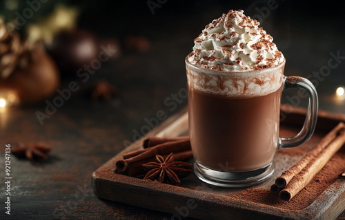hot chocolate coffee with cream and cinnamon with cinnamon decoration on a dark background 
