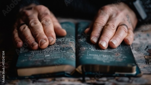 Hands on Open Book With Intricate Patterns in a Softly Lit Environment