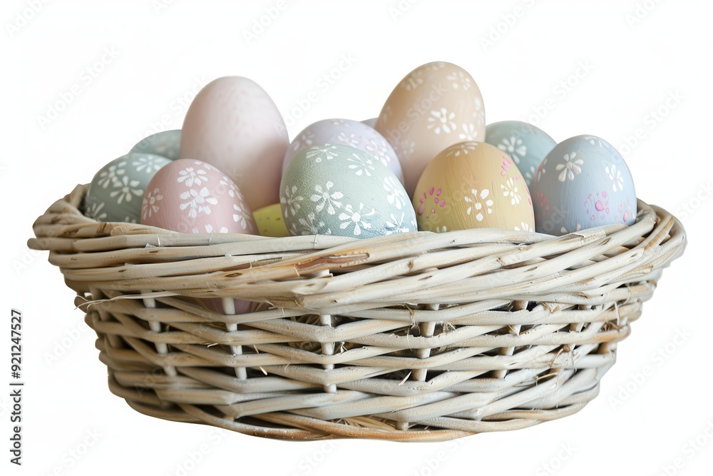 Easter Basket. Pastel Easter Eggs in Hand-Painted Basket on White Background Easter Basket. Pastel Easter Eggs in Hand-Painted Basket on White Background