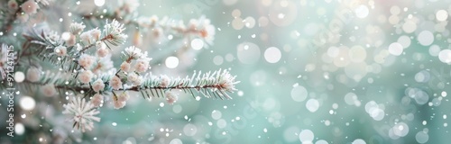 Snow-Covered Pine Branch Shining in Soft Winter Light at Twilight