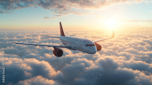 Airplane in flight during a stunning sunset above clouds