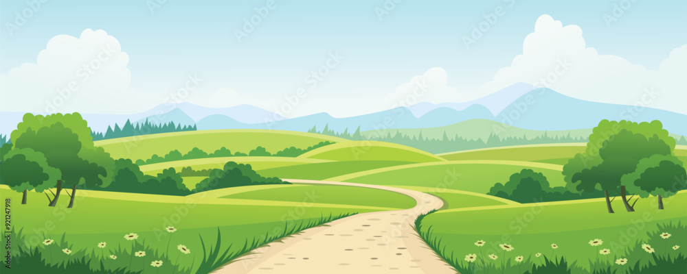 Vector illustration of a landscape of green meadows and fields and a beautiful path. Amazing panoramic summer village landscape with green fields and hills. Vector illustration of a landscape of green meadows and fields and a beautiful path. Amazing panoramic summer village landscape with green fields and hills.