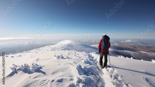 Solo Hiker Exploring Snowy Landscape on a Clear Day