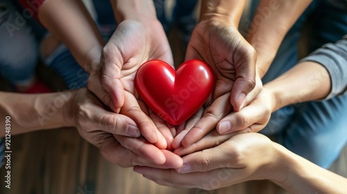 Woman together holding a red heart. Caring about relationship and feeling. Compassion and unity.