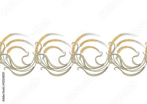 Ears of cereal, wheat or rye Seamless border pattern, linear ornament, ribbon Vector illustration. Outline hand drawing. In art nouveau style, vintage, old, retro style.