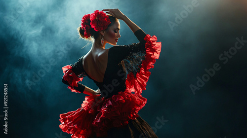 Flamenco dancer on stage. Stage lights, long dress, beautiful woman	
