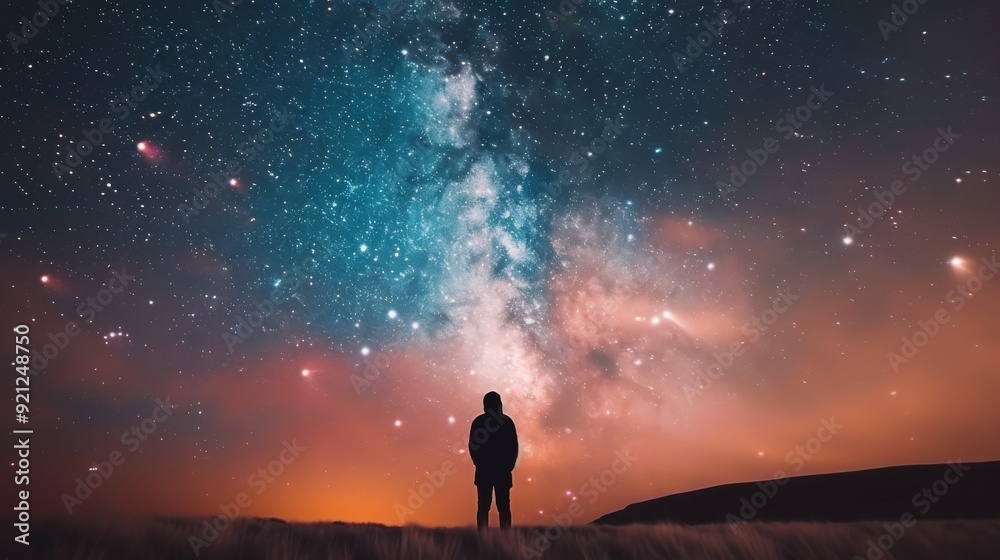 Person Gazing at Starry Night Sky Over Calm Water Person Gazing at Starry Night Sky Over Calm Water