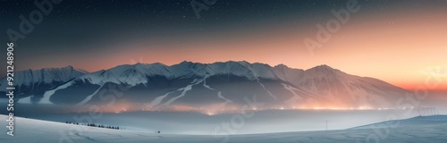 Snow-Covered Mountains at Dusk With Warm Glow in the Valley