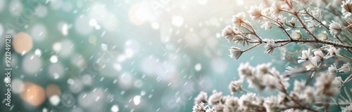 Snow-Covered Pine Branch Shining in Soft Winter Light at Twilight