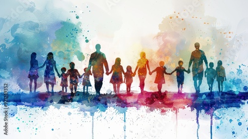 Wallpaper Mural Watercolor family holding hands together. Colorful watercolor silhouette of a large family holding hands together, symbolizing unity, love, and support. Torontodigital.ca