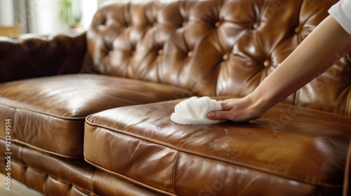 Woman hand cleaning leather sofa at home. Housekeeper or maid service concept photo