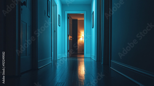 A lone nightlight in a dark hallway, with the doors to other family members' rooms closed, representing a child's feeling of being alone within the home.