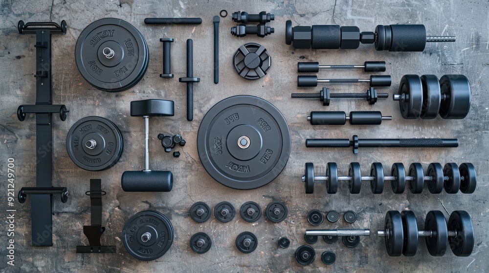 Workout equipment for training at home, captured from a top view. The image showcases fitness and workout items, emphasizing the concept of a healthy lifestyle. Workout equipment for training at home, captured from a top view. The image showcases fitness and workout items, emphasizing the concept of a healthy lifestyle.